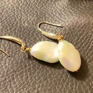 Gold Drop Oblong Round Shape White Pearls Earrings